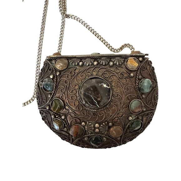 Vintage Sajai inlaid natural agate stones gems metal evening purse from India - Picture 6 of 12